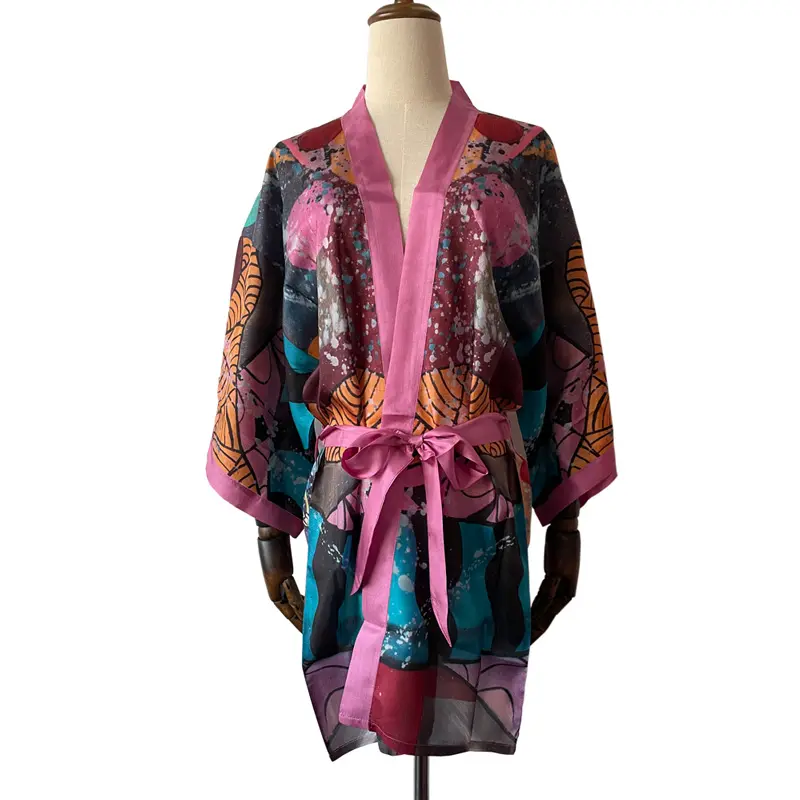 Vestido kimono de seda 100% pura para mujer, Túnica de playa natural de lujo