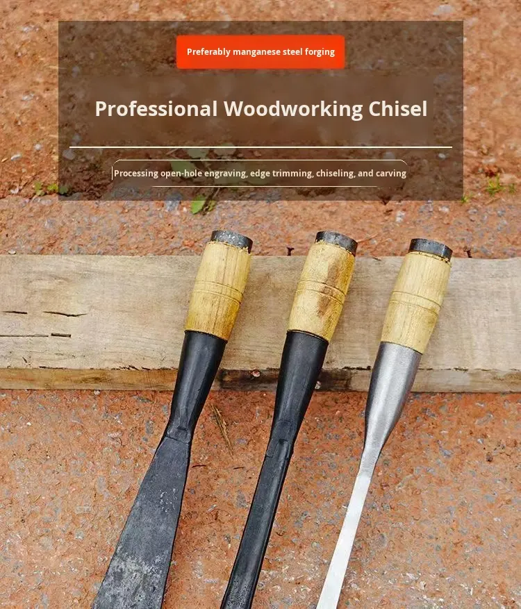 Ciseau à bois à 2 pointes en acier au manganèse à l'ancienne (avec manche)