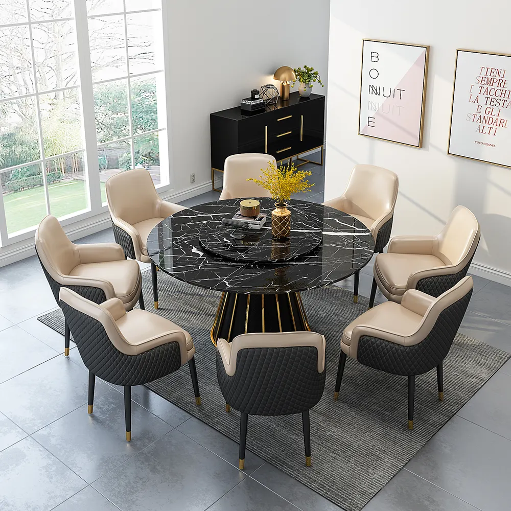 Tavolo da pranzo di forma rotonda di lusso in marmo nero di lusso di buona qualità con 8 sedie in vendita