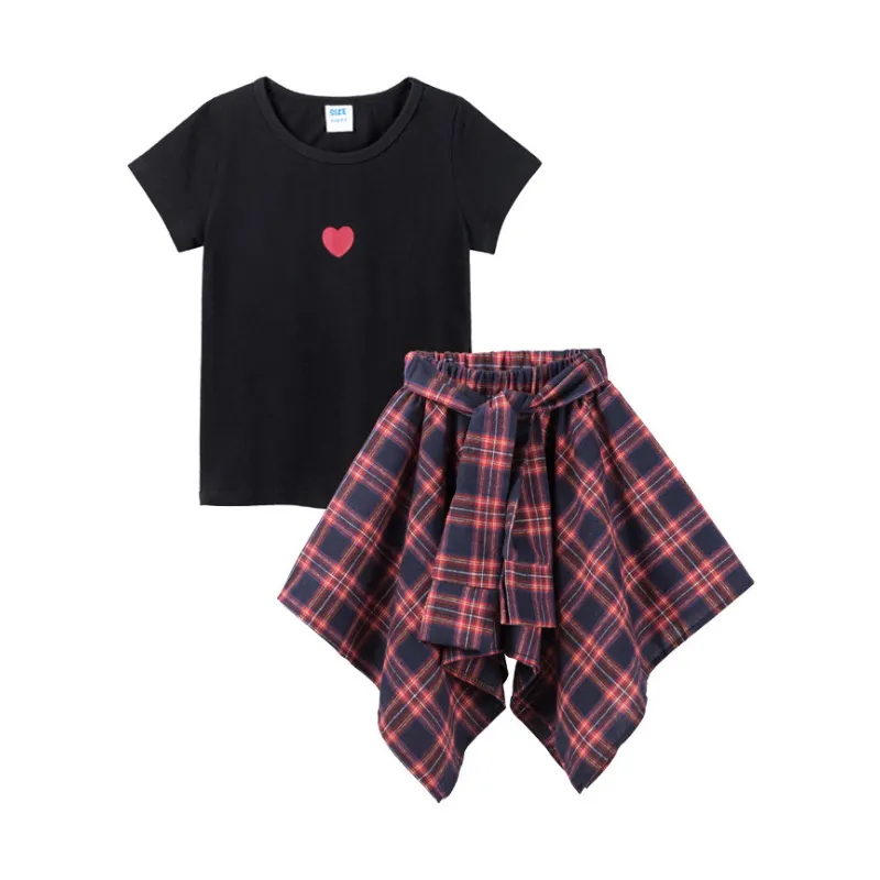 Fashion Teenage Clothes Summer Cotton Tshirt Plaid Skirt Shorts Kids Outfits Suit 2Pcs Kid Clothing Set For Girl Summer