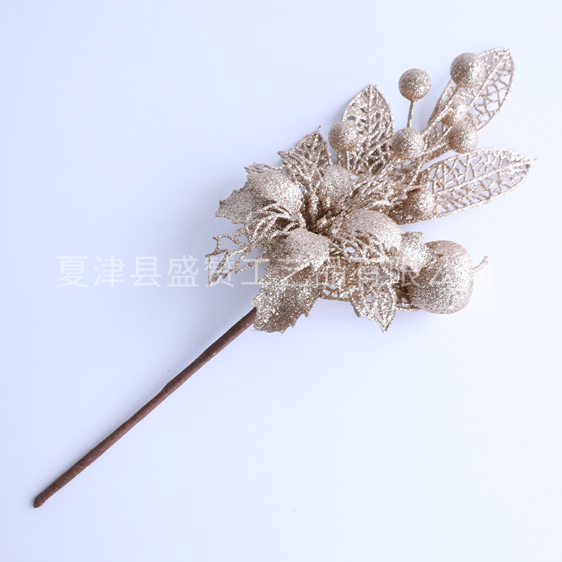 Pomme dorée brillante avec branches de fleurs et de fruits - Longueur 33 cm