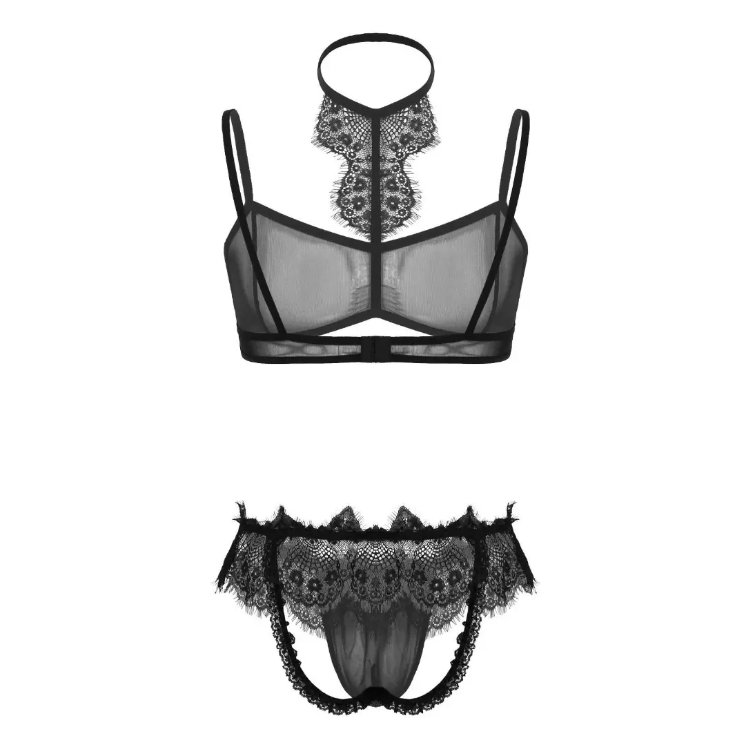 Fashion Transparent Sissy Set Mens Lace Trim Bra Top with G-strings Thongs Panties