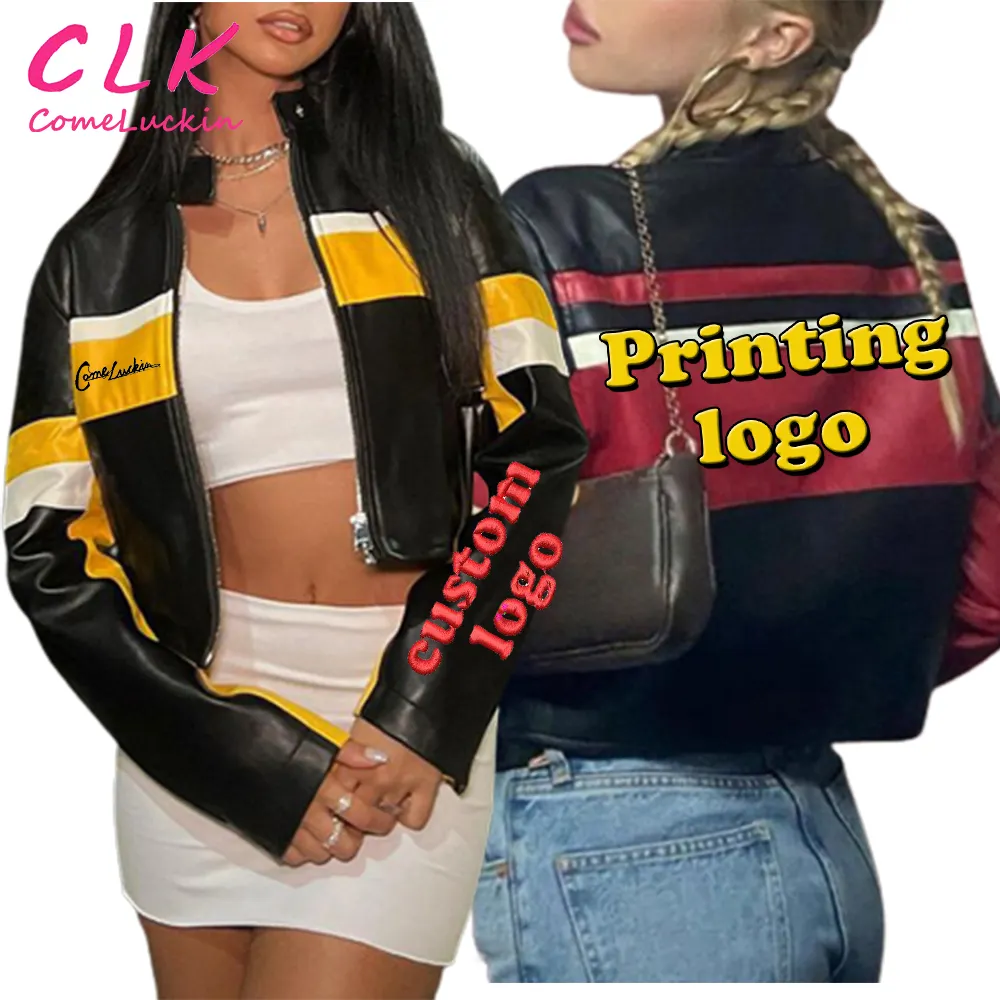 2023 New Fashion Street giacca da moto Logo personalizzato giacca corta da donna con cerniera Patchwork giacca in pelle Pu