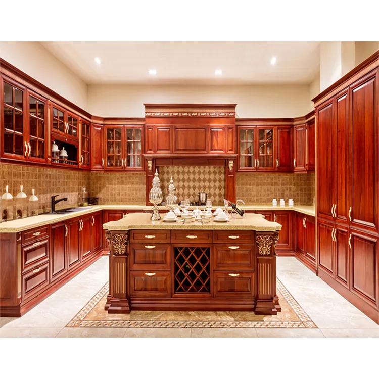 Gabinete de cocina de palisandro de estilo clásico, gabinetes de cocina de madera maciza de roble rojo personalizados a la venta