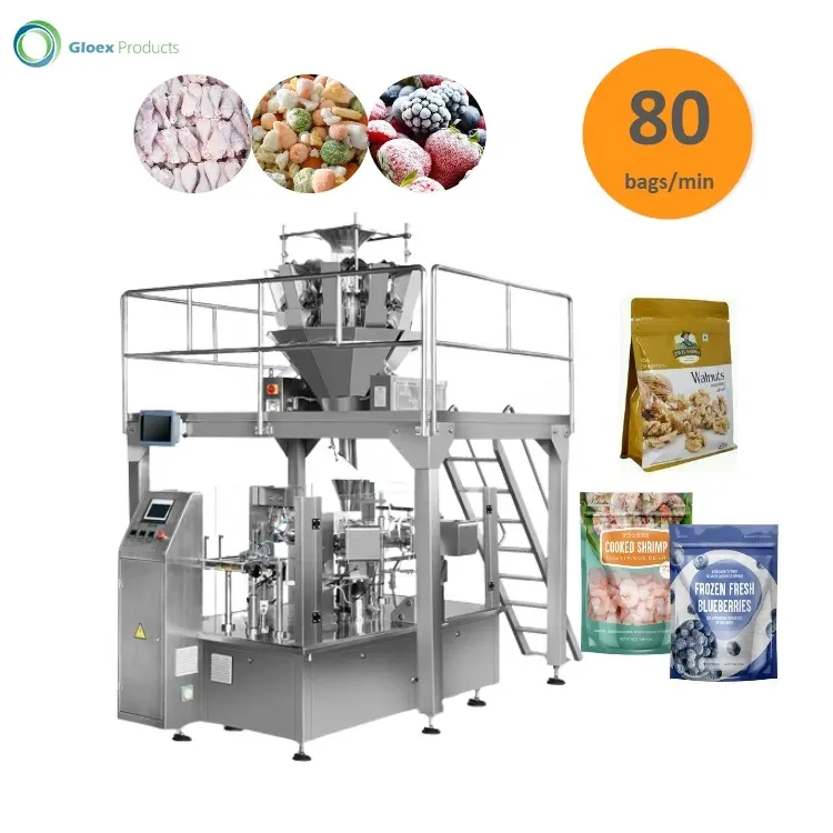 Máquina de embalagem de alta velocidade, rotativa completa 1kg, alimento congelado, popcorn, biscoitos, bolsa de apoio, máquina de embalagem multi-cabeça