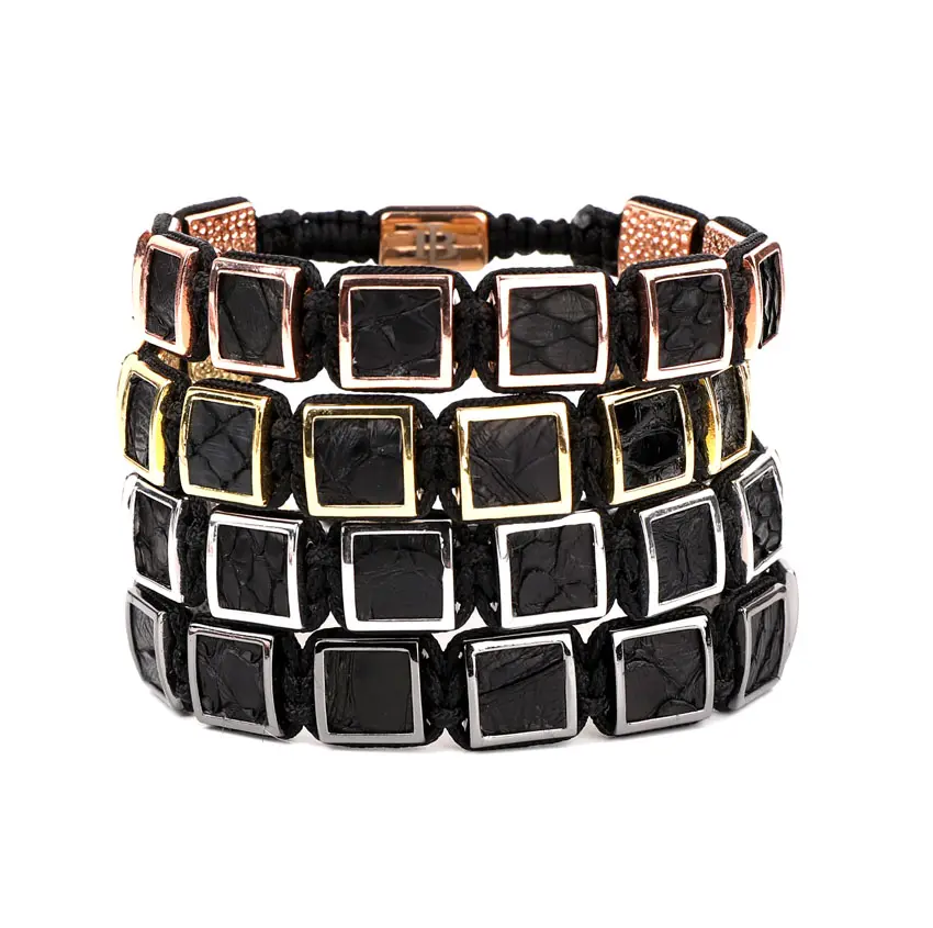 Bracelet en cuir véritable pour hommes, bonne qualité, perles carrées, nouveau design, vente en gros