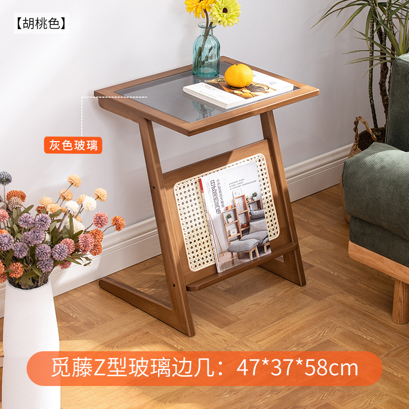 Miteng bedside table, walnut color, 47cm long (grey glass).