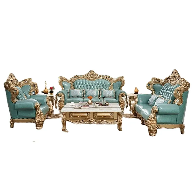 Conjunto de muebles de lujo para sala de estar, set de sofá de cuero original, de tela blanca y dorada, 7 plazas