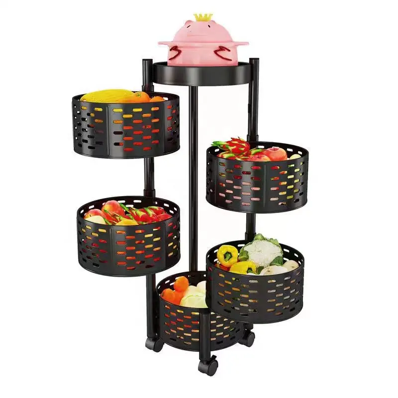 Foryoudecor reusable metal round vegetable food black kitchen storage trolley extensible with wheels