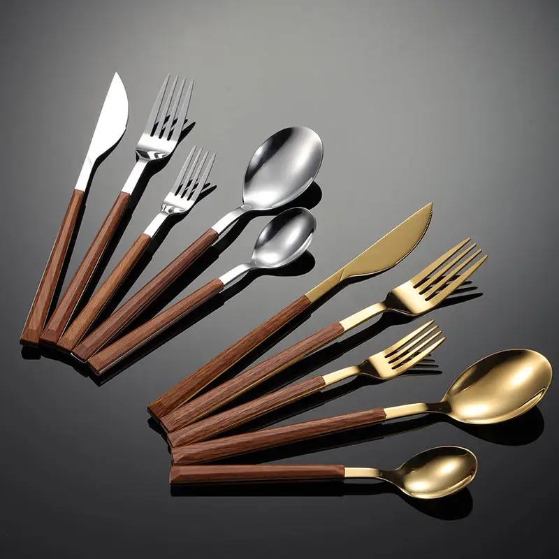 Stainless Steel Cina pisau dapur sendok garpu gagang kayu sendok garpu Set alat makan 1049001