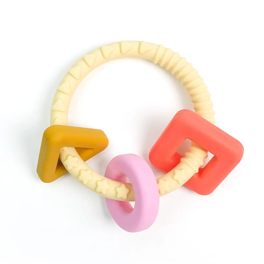 Op Maat Gemaakte Bpa Gratis Geometrie Ring Grappig Tandjes Speelgoed Pasgeboren Food Grade Zachte Siliconen Kauwring Siliconen Baby Speelgoed Bijtring