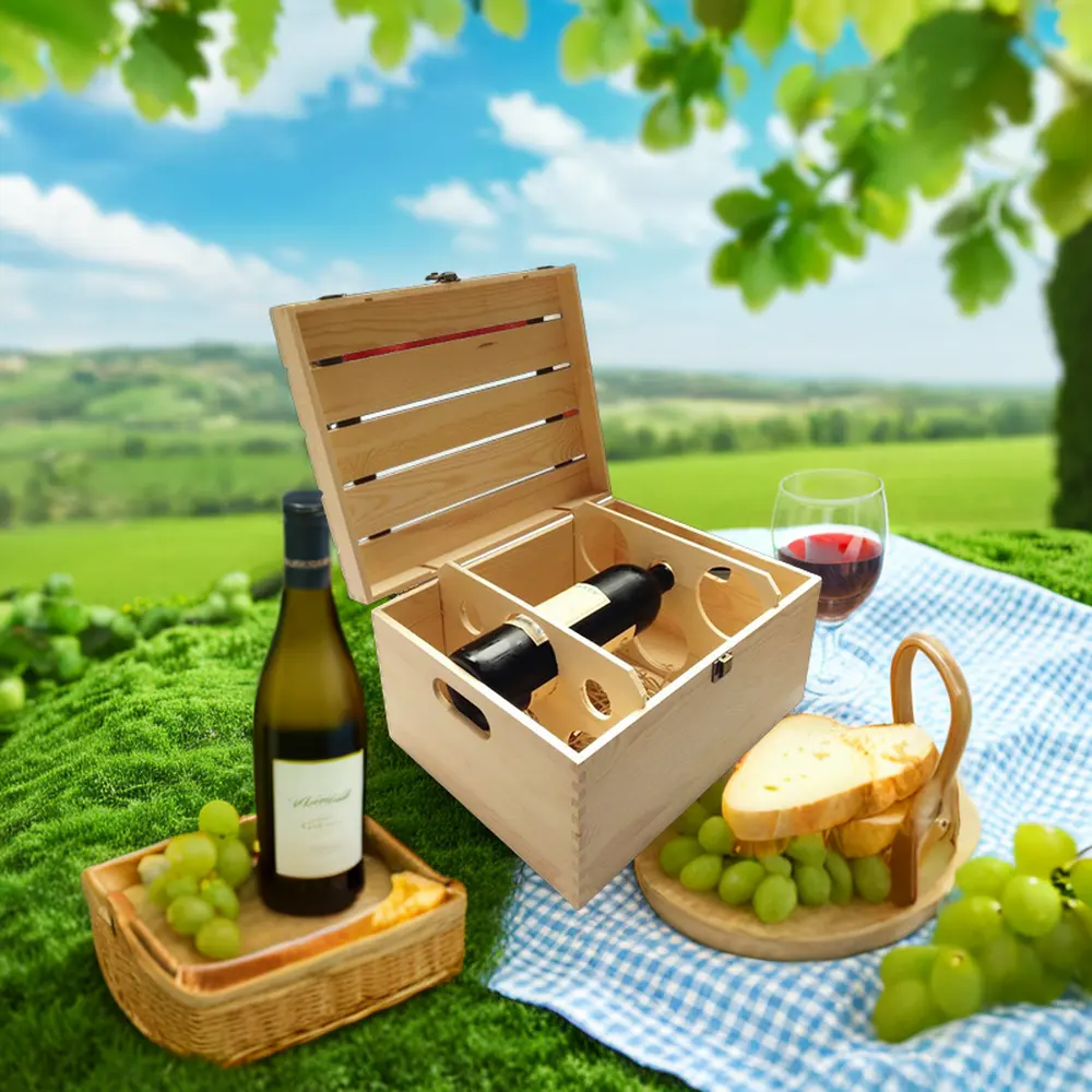 Boîte à vin en bois avec couvercle pour 3 bouteilles mallette de stockage de vin en bois taille personnalisée Logo paquet de vin coffrets cadeaux en bois