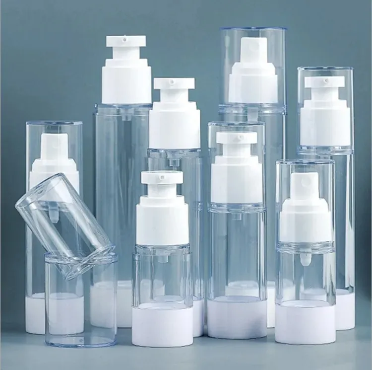 नई थोक 50 मिलीलीटर 100 मिलीलीटर 15 मिलीलीटर एयरलेस मिनी प्लास्टिक स्प्रे पंप बोतल लोशन पंप बोतल लोशन पंप बोतल