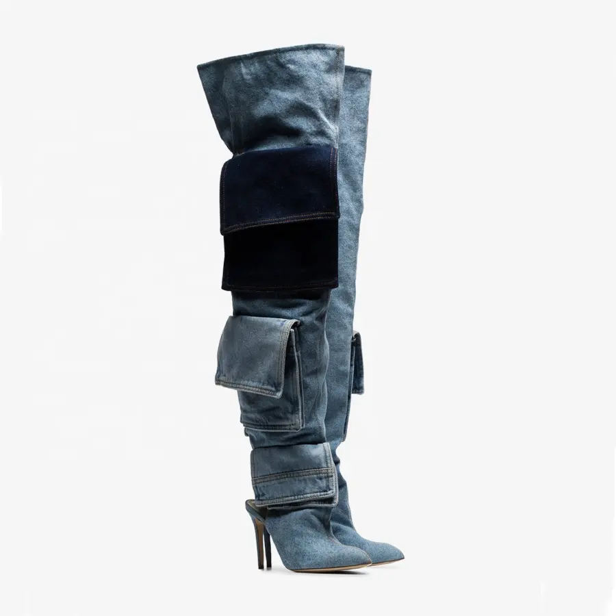 Nuevo diseño denim de tacón alto por encima de la rodilla botas mujer botas