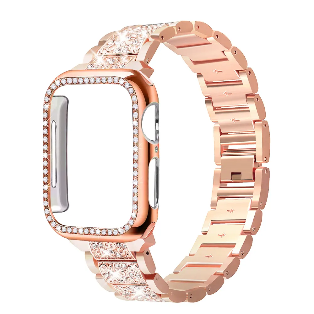 Tali Logam Pengganti Perhiasan untuk Jam Tangan Apple Seri 7 dengan Bemper Berlian Bling Casing Pelindung untuk IWatch Seri 7 41 45Mm