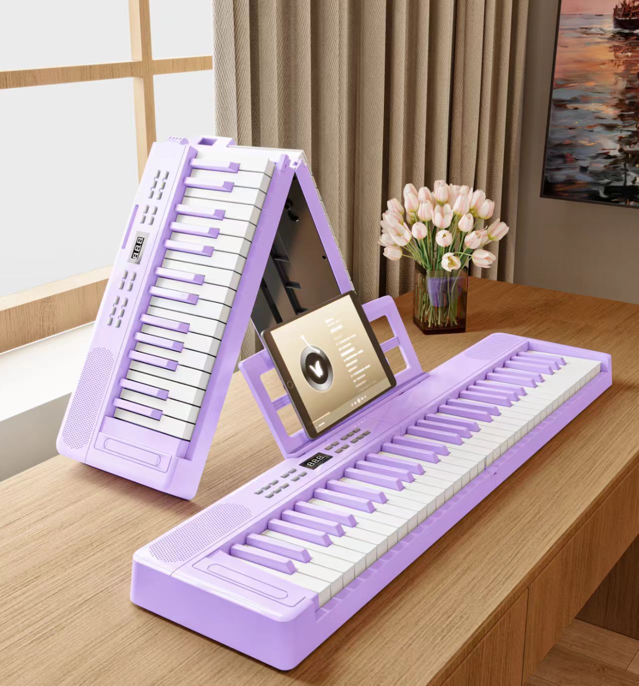 purple-61 key folding piano, basic bluetooth lights, 3 optional