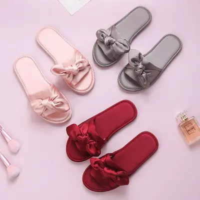 Zapatillas de satén para mujer, cómodas y suaves, a la moda, con lazo personalizado, para interiores y dormitorio