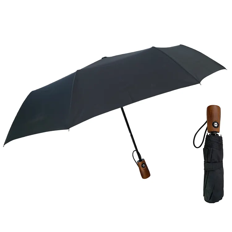 YS-3016プロモーション木製ストレートハンドルカスタム印刷ポータブル傘太陽と雨3折りたたみ式自動開閉傘