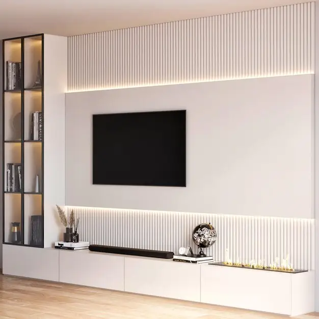 كيا تصميم جديد وحديث وحديث حامل تلفاز عالي اللمعان وحدات خزانة حائط تلفاز مضيئة بإضاءة LED خزانات تلفاز بتصميم موقد خشبي
