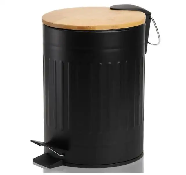 3 Litros de Lixo Pequeno, Metal Pedal Lixo Bins Rodada Lixo Recipiente Bin com Bambu Tampa Compact Waste Basket