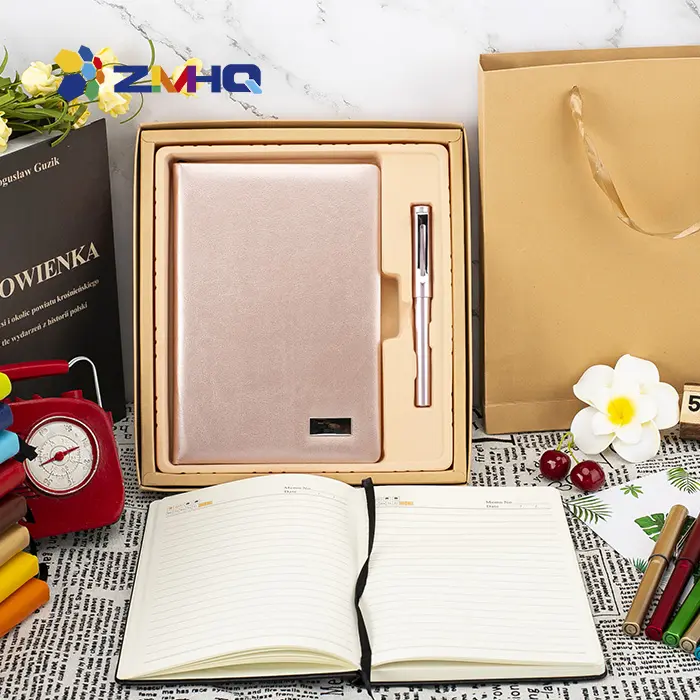 colorful hot sale Business Gift Corporate A5 metal plate plain notebook with pen kraft paper packing