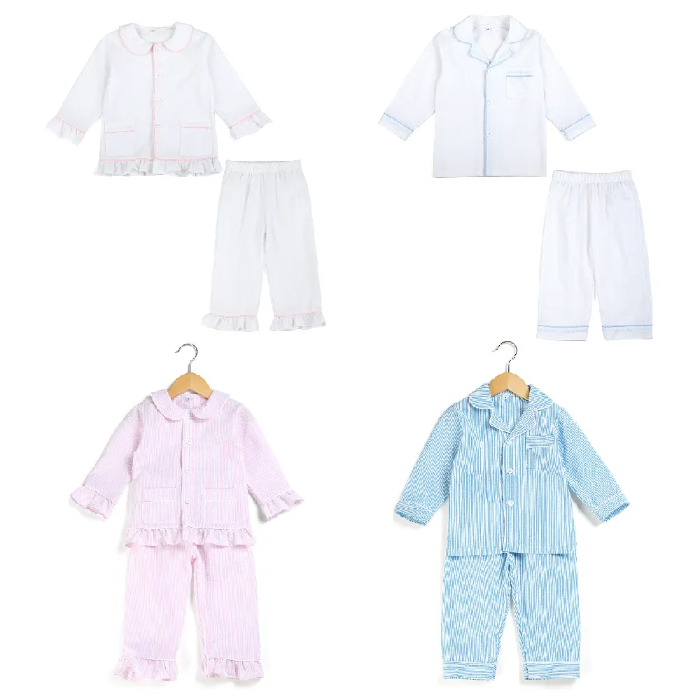 Bereit zu versenden weiße Streifen lange pjs Seer sucker Geschwister passend Kleinkind Jungen Pyjamas Kinder Mädchen Pyjamas Set
