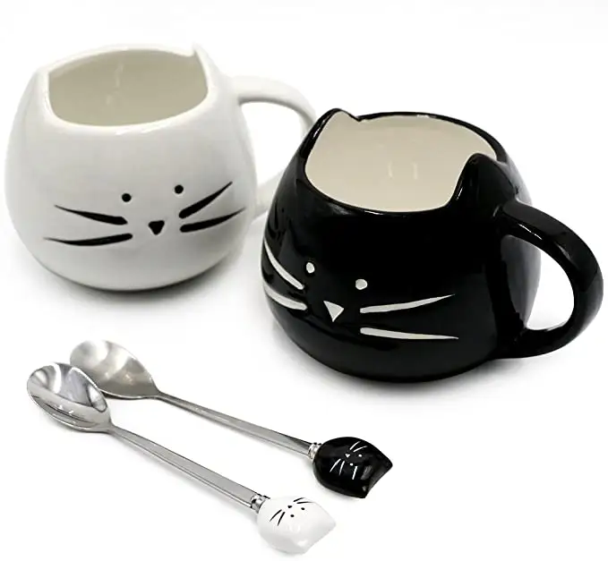 Caneca de cerâmica com colher para café gato, xícara de casal fofa com gato preto