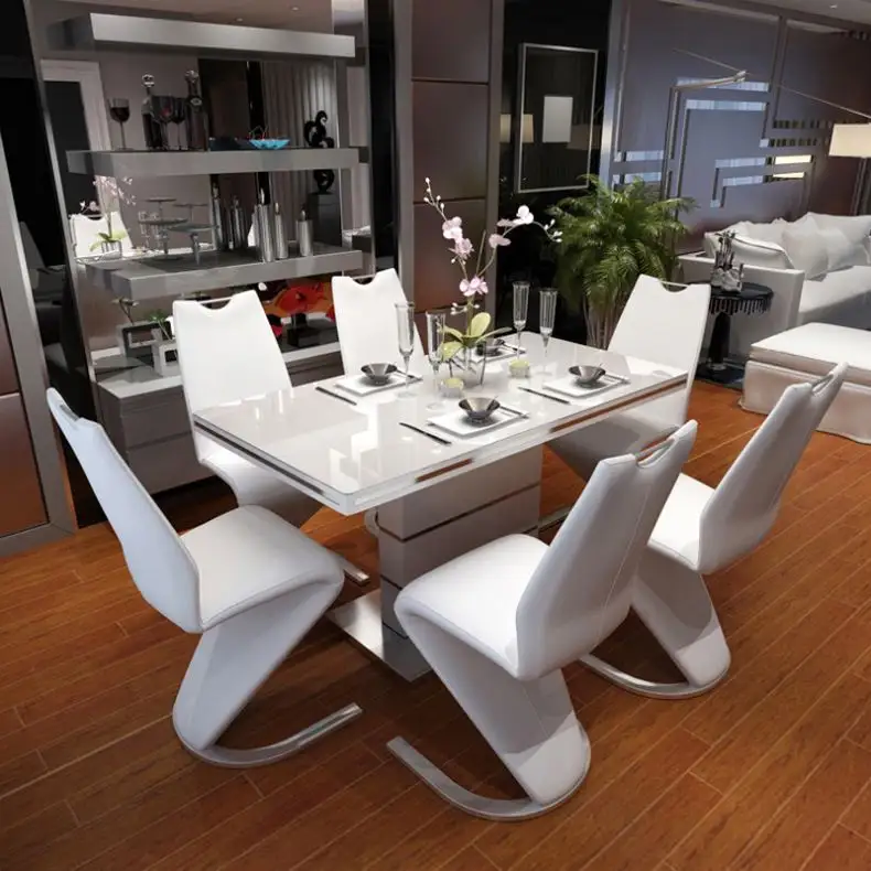 Jantando mesas e cadeiras ajustadas para a sala de jantar moderna Vidro moderado que estende a tabela de jantar quadrada grupo 6 cadeiras
