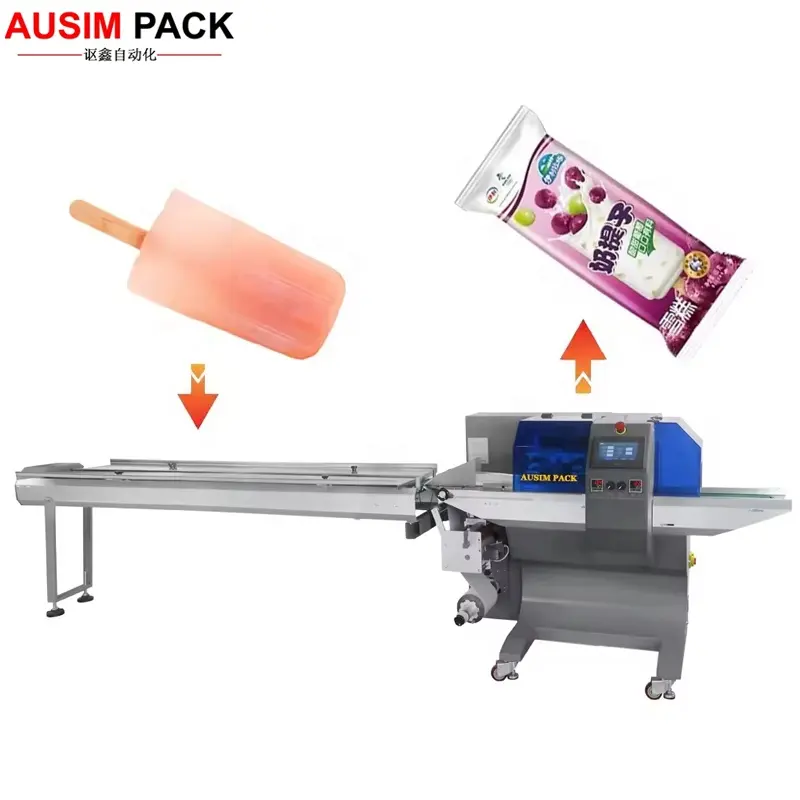 Máquina de embalaje de polos de hielo, paquete de flujo de envoltura horizontal totalmente automática, máquina de embalaje de polos