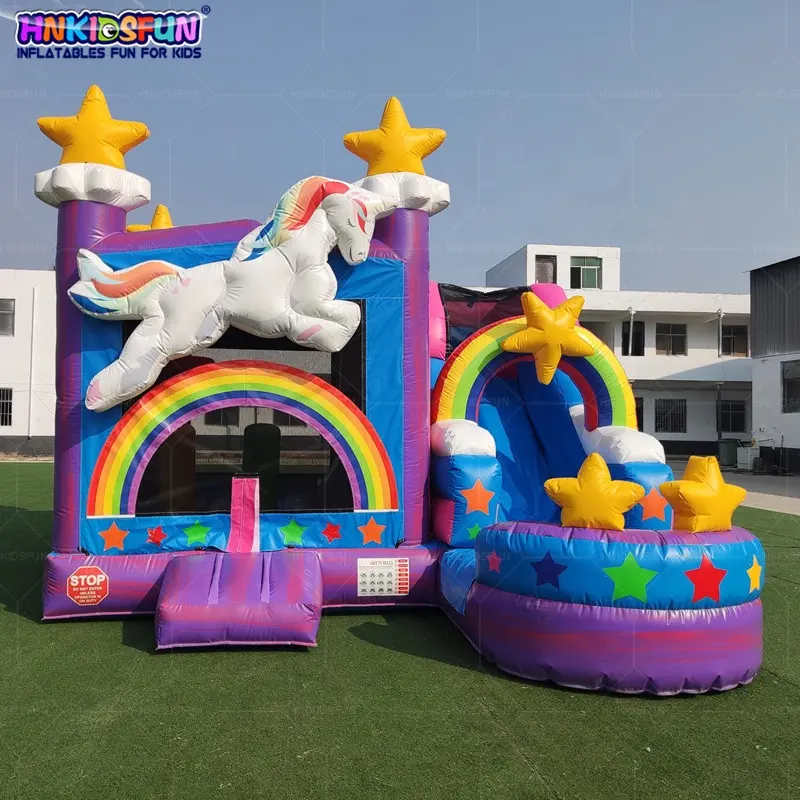 dazzling rainbow kids used commercial bounce house inflatable jumping castle, cheap unicorn bouncy castle with slide for sale