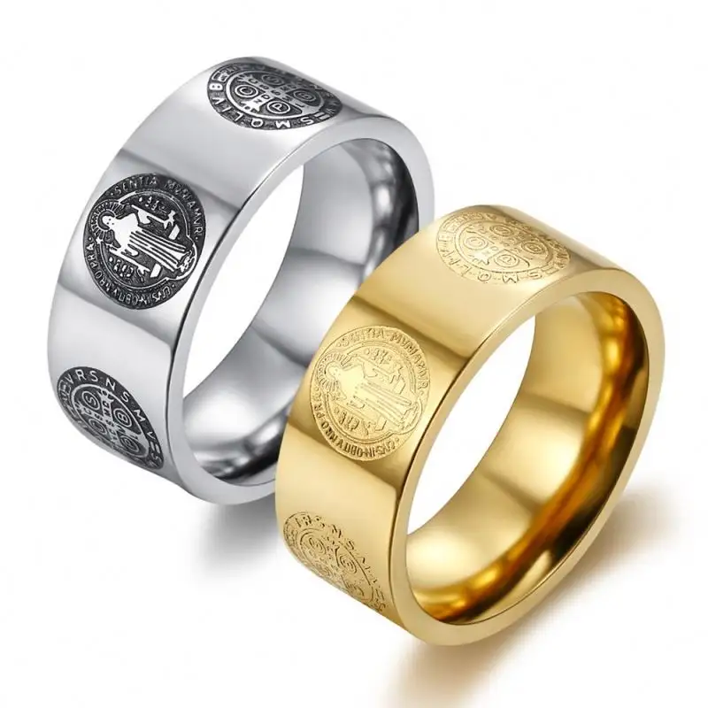 Stainless Steel Catholic Church Fashion Men's St Benedict Cross Image Laser Etched Engraved Rings