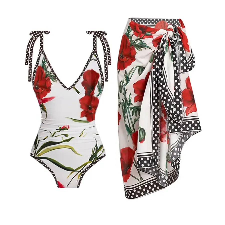 JSN9202223 Bikini de una pieza con estampado floral 2024 nuevo y de moda con conjunto de cobertura para dama