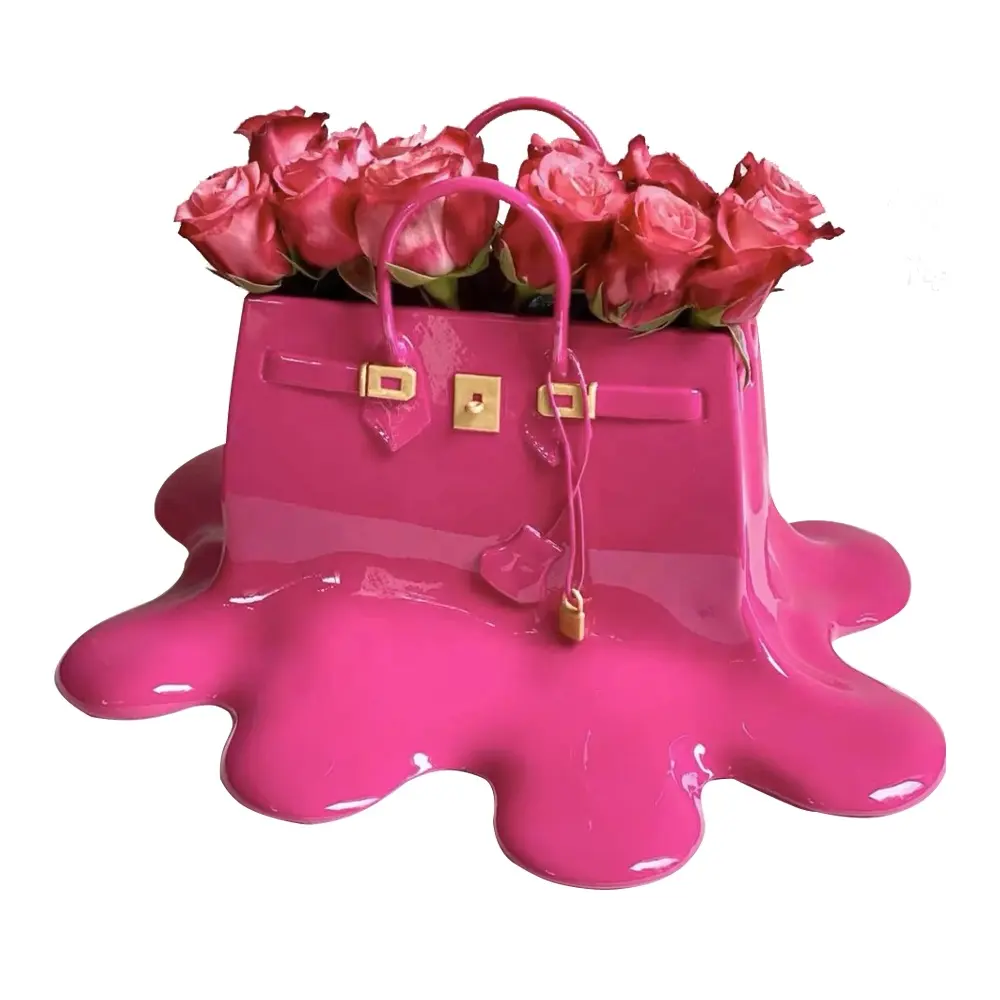 Vases d'artisanat en résine en forme de sac tendance de luxe léger, vase en résine d'art de sac à main, sculpture en résine de cadeaux fantaisie Vase de sac de luxe rose