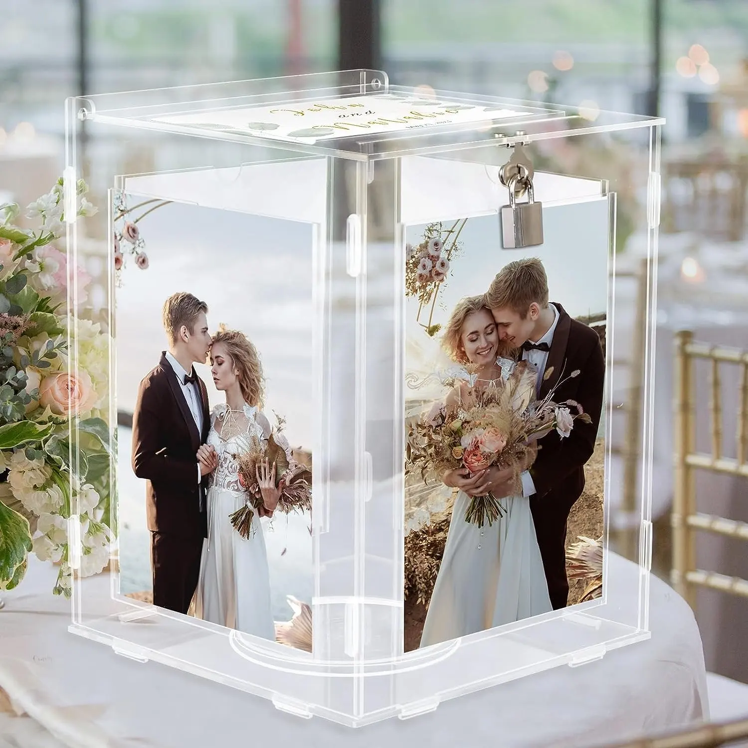 Düğün resepsiyon için resim çerçevesi ile akrilik evlilik davetiyesi kutu büyük dönebilir para zarf kartı kutu tutucu kilidi ile