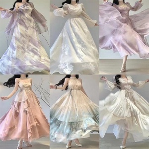 2025年夏の花柄シフォンカジュアルドレス韓国風ロングスカートスリムウエストフロア丈フレッシュな日の機会に