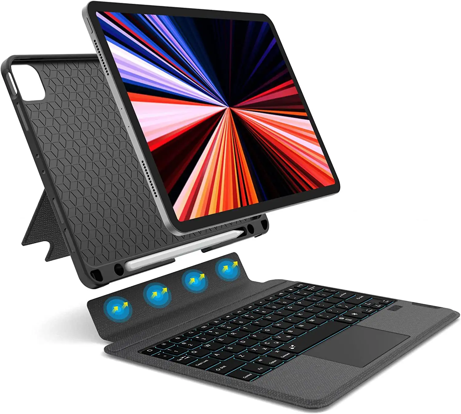 Kualitas baik 7-RGB backlit bt5.1 PU touchpad kulit wadah keyboard ponsel dengan tempat pensil untuk ipad air 10.5 inci