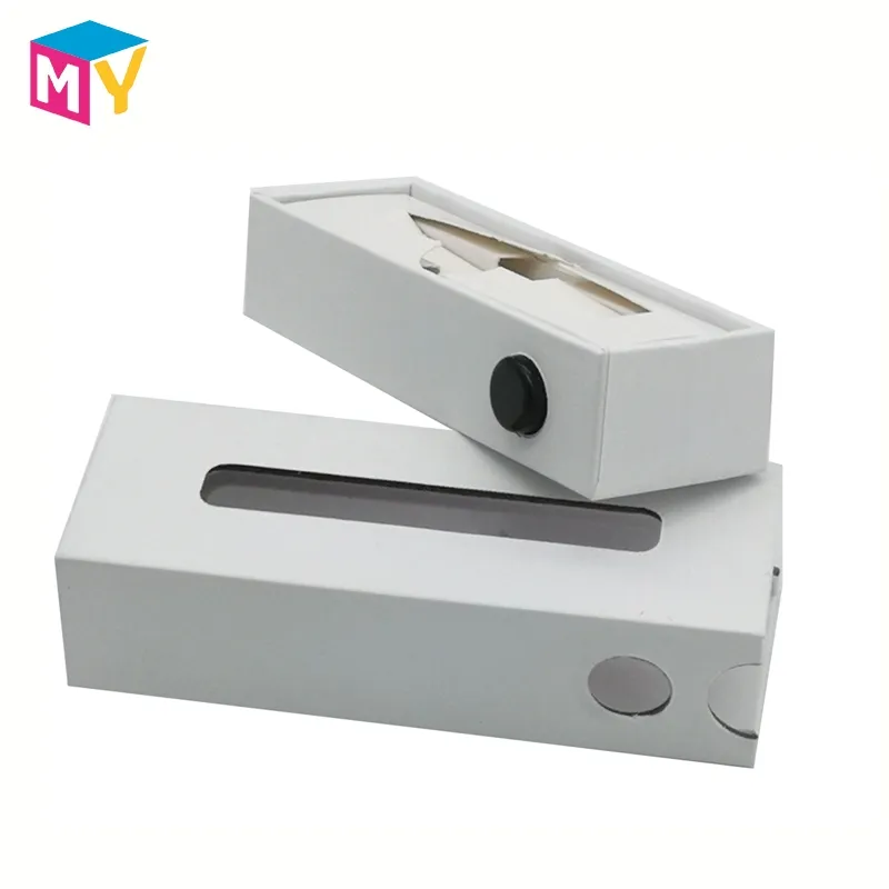 เครื่องพ่นไอเสียบุหรี่ OEM ขนาด 1 มล. ที่ปรับแต่งได้ในกล่องตัวอย่างสีขาวพร้อมปุ่มล็อคเด็กด้านข้างและกล่องเลื่อน