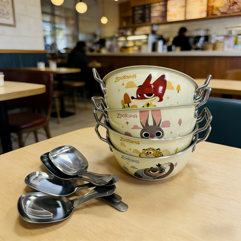 white steel double handled bowl + large spoon