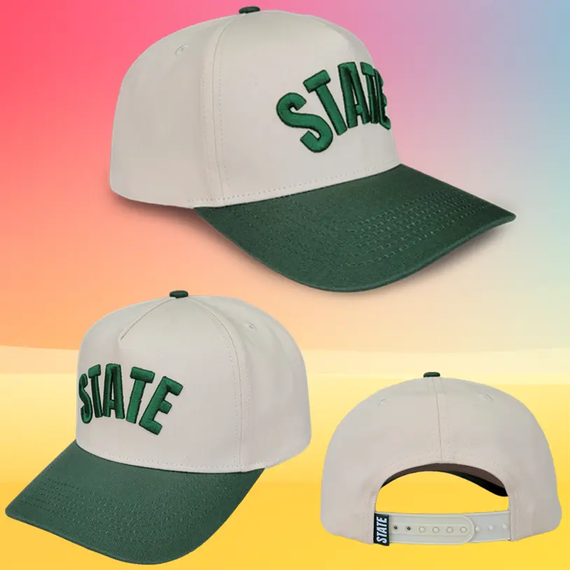 Özel yüksek kaliteli işlemeli Logo erkekler spor 5 Panel bir çerçeve beyzbol şapkaları beyaz haki yeşil iki ton beyzbol kapaklar