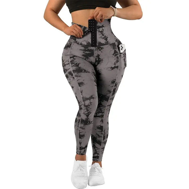 Taille haute ventre contrôle leggings femmes corps shaper Shapewear Corset cravate teinture taille formateur Leggings avec poches