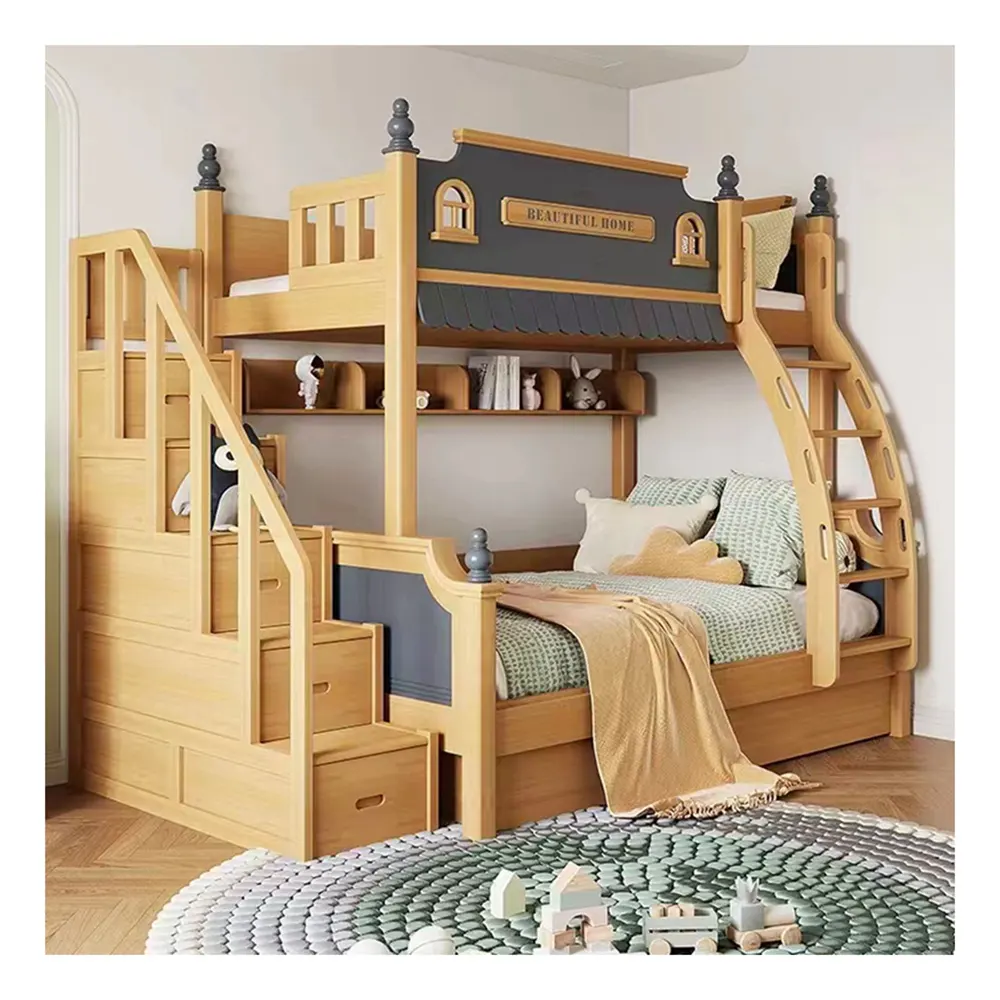 Cama de castillo con escaleras para niños, casa doble de madera con Marco, diseño moderno, litera