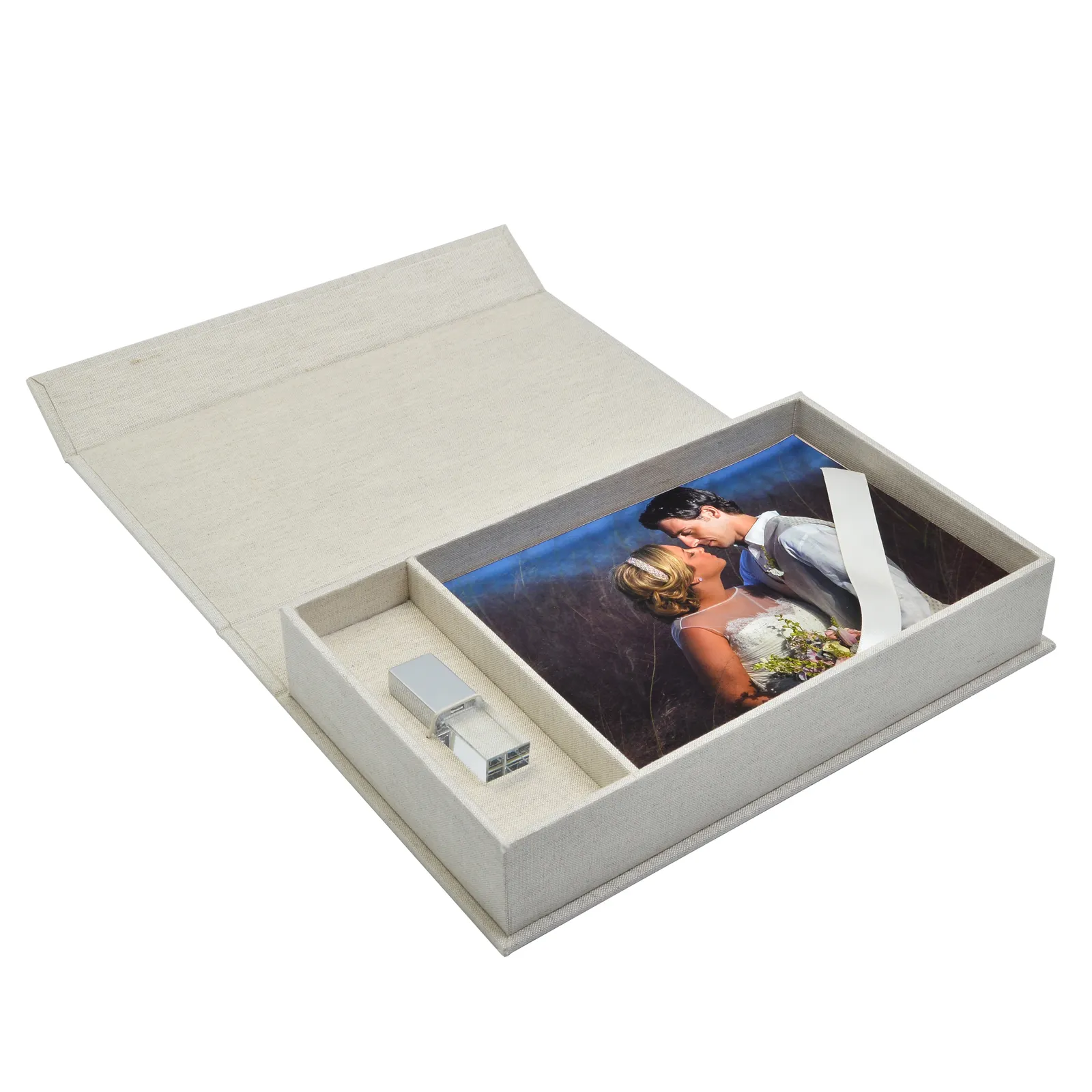 กล่องผ้าลินินพิมพ์ภาพงานแต่งงานพร้อมที่ปิดแม่เหล็กพิมพ์โลโก้ขนาด5x7ออกแบบได้ตามต้องการ