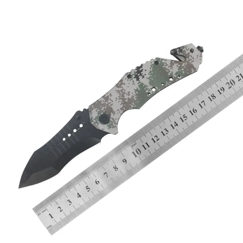 Cuchillo plegable de camuflaje para exteriores, multifuncional, portátil, de supervivencia, con interruptor de vidrio y cortador de cinturón