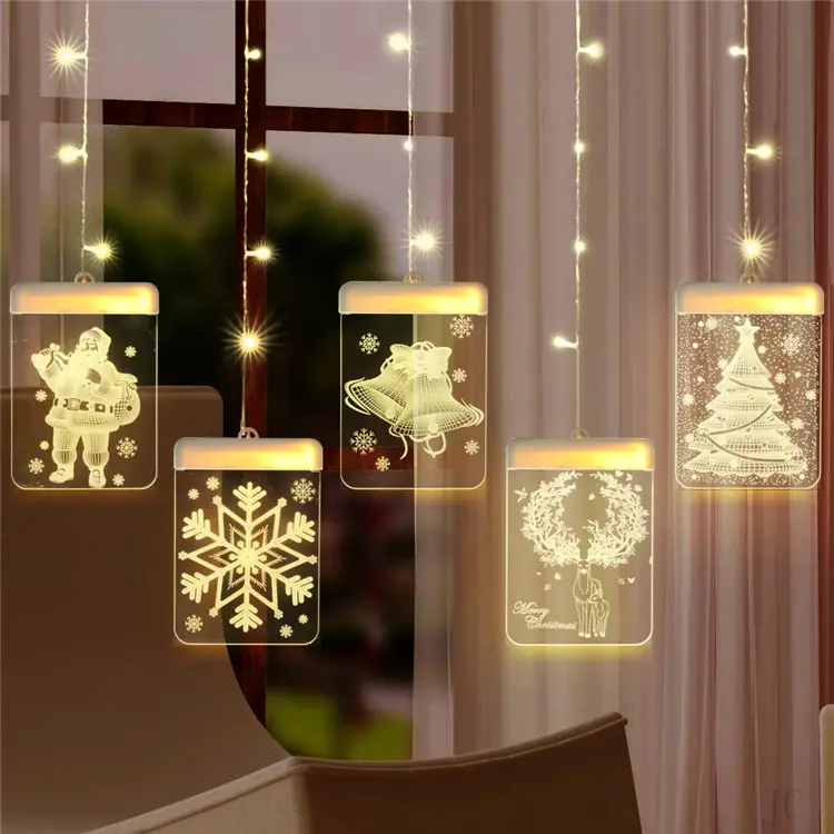 Room Holiday Decorating Ice Bar Shape Light String Window Arrangement Santa Claus Hanging Lamp 3D Star Curtain Light christmas