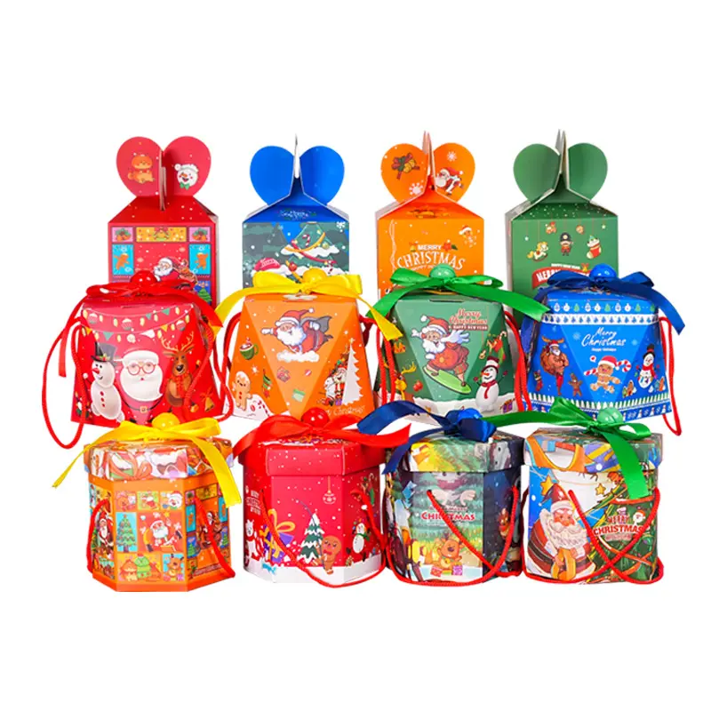 Étui pour cadeaux de bonbons en stock du réveillon du père Noël Design personnalisé Boîte d'emballage en papier pour cadeau Boîte d'emballage en papier pour cadeau de Noël avec ruban