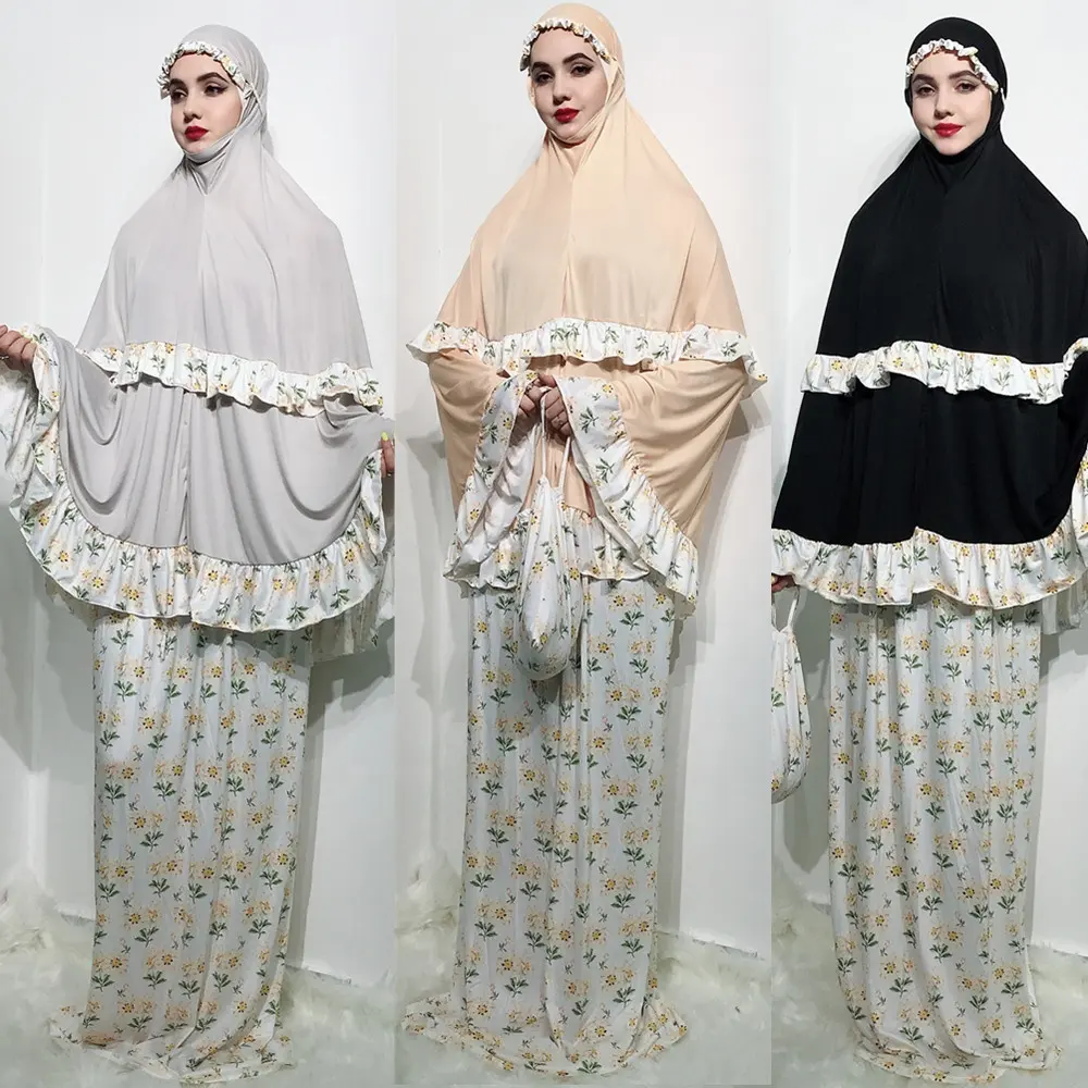 Venta al por mayor traje de abaya hijab árabe de oración islámica de encaje modesto abaya dubai 2pcs faldas