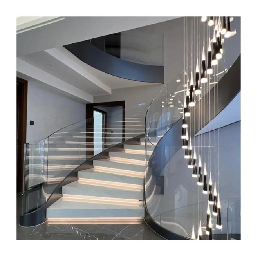 Ace China Fábrica escada curvada escada de madeira interior com corrimão de vidro melhor venda escada para casa