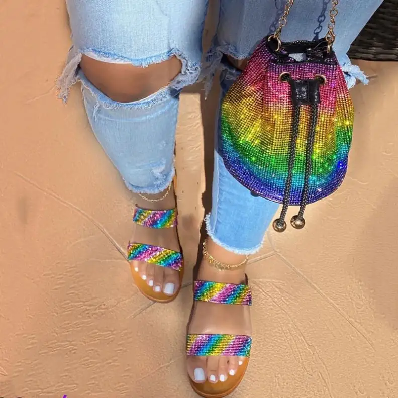 Fashion Fancy Footwear Crystal Diamond Shoes Hot Style Summer Woman Sandals Flat Beach Ladies Slipper