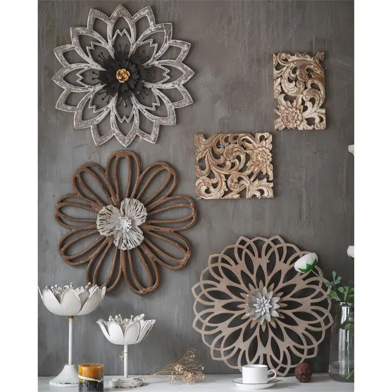 Minhui-decoración nórdica para el hogar, tallado decorativo, artesanía de flores de madera, colgante de pared, arte de pared de madera