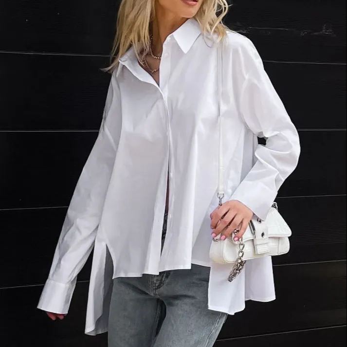 ファッション春長袖カジュアル不規則なデザイン白人女性シャツトップスブラウス